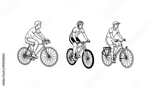 Cycling people vector set with three riders on bicycles in black and white isolated design