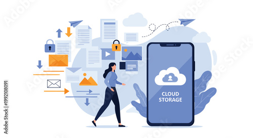 Modern data management concept showing a woman walking by a smartphone with a cloud storage icon and various digital file types.