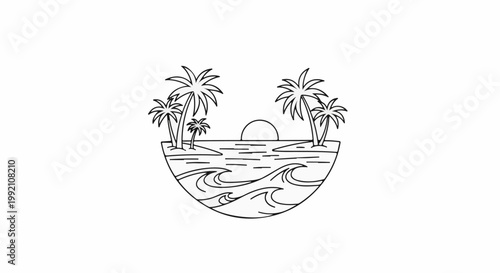 Stylized tropical island scene with palm trees, sunset, and ocean waves