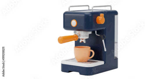 Vector illustration of modern blue espresso coffee machine with orange handle on a transparent background
