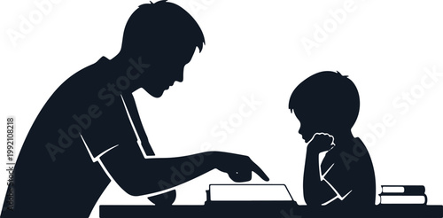 Father and son reading book together silhouette father teaching child education illustration.