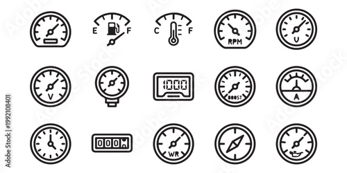 Assortment of Black and White Gauge and Meter Icons for Automotive and Industrial Use
