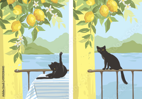 Funny Italian black cats.. Background with lemon branches and sea. Hand drawn vector illustration in watercolor style, poster or postcard with citrus and seascape.