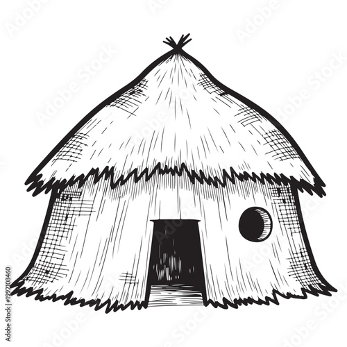 Traditional thatched hut hand drawn vector illustration of a primitive tribal dwelling for cultural and rural design projects