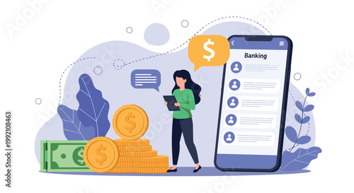Mobile banking and personal finance management concept with a woman using a digital application to track savings and monetary assets.