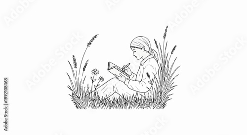 Young person sitting in a grassy field, wearing a headscarf, and writing in a book