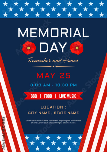 US Memorial Day poster invitation vector illustration. flat design