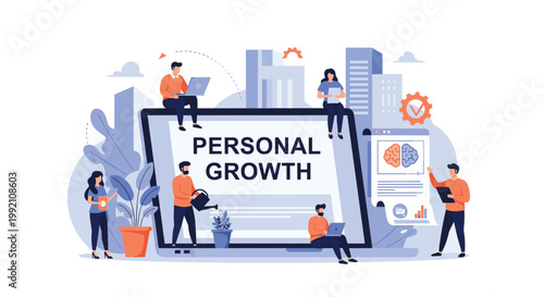 Personal growth and self-improvement concept with people working together around a large laptop displaying professional development goals.