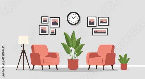 Modern living room interior design featuring pink armchairs and large indoor plants under a collection of framed landscape artwork.