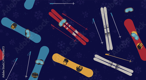 Winter sports seamless pattern featuring snowboards and skis with colorful gear like goggles and gloves on a snowflake background.