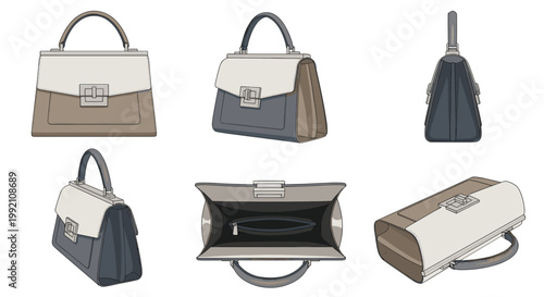 Meticulous technical illustrations display a sophisticated two-tone leather handbag from six distinct angles including front, side, top, and open interior views on white.