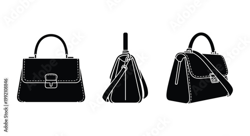 Stark black and white silhouettes showcase a classic structured handbag with prominent white stitching and a detachable shoulder strap from three different side and front angles.