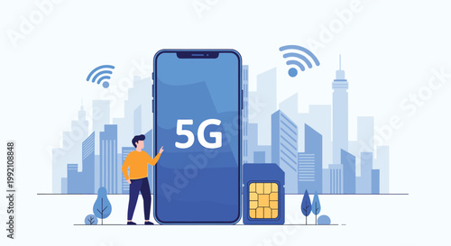 High-speed 5G network technology concept with a man pointing at a large smartphone screen and a sim card against a modern city skyline.