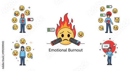 Emotional burnout and mental health awareness concept showing people overwhelmed by stress and exhaustion represented by low battery icons.