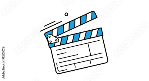 Professional movie production clapperboard in blue and white colors used on film sets to synchronize picture and sound during shooting.