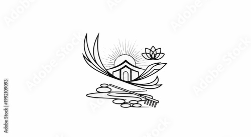 Zen garden with a building, sun, lotus, raked sand, and stones