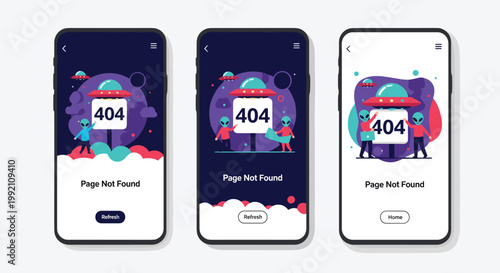Creative 404 page not found error screens for mobile apps featuring cute alien characters and flying saucers in cosmic space backgrounds.