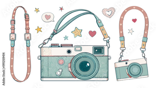 Vintage camera illustration set with retro cameras, straps, hearts and stars