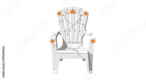 A weathered white plastic garden chair decorated with five orange stars displays a network of fine grey cracks across its slatted backrest and armrests on white.