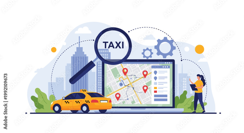 Naklejka premium Online taxi booking service concept with a yellow car and a digital map displaying city locations and real-time tracking information.