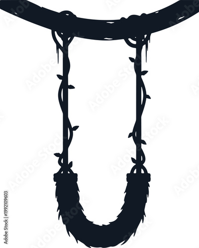 Jungle swing made of vines hanging from tree branch, natural playground element silhouette.