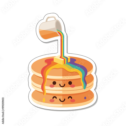 A stack of pancakes with smiling faces is being drizzled with colorful syrup