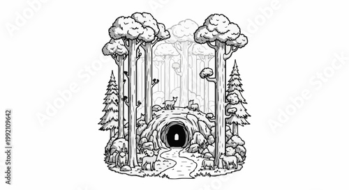 Whimsical forest scene with animals near a dark cave entrance