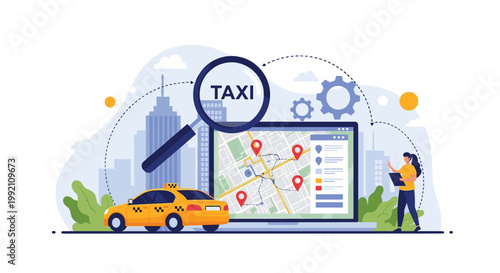Online taxi booking service concept with a yellow car and a digital map displaying city locations and real-time tracking information.