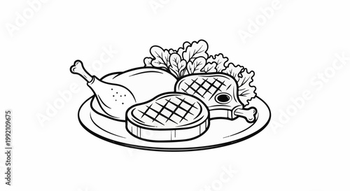 Whimsical line art of a roasted bird, two grilled steaks, and leafy greens on a plate