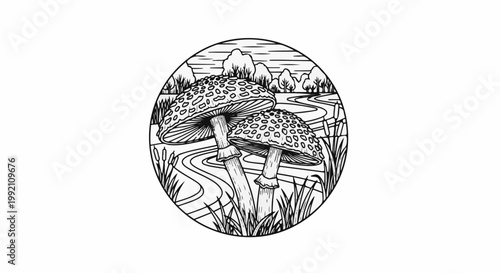 Whimsical illustration of spotted mushrooms by a winding stream with reeds and trees