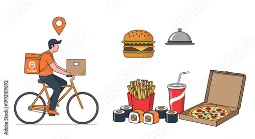 Food delivery service illustration featuring a courier on a bicycle with a thermal backpack and a variety of delicious restaurant meals.