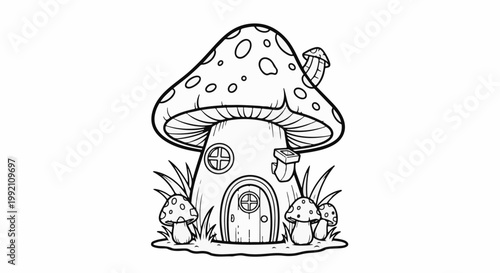 Whimsical mushroom house with small mushroom accents and grass