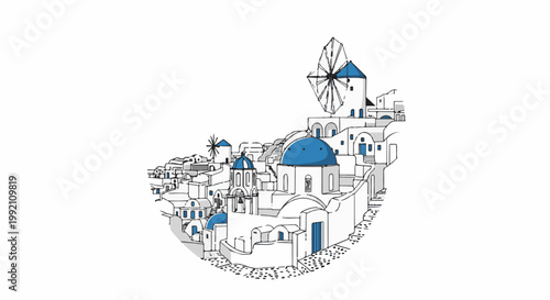 White and blue buildings and windmills on a hillside
