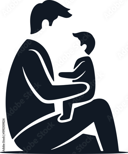 Father holding baby, parent and child embrace, family love and care silhouette icon.