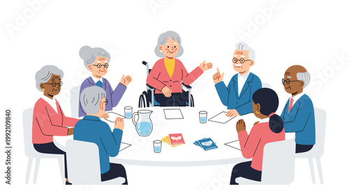 A multicultural group of senior citizens sits around a large white circular table engaging in an active discussion with papers and water pitchers in a bright room.