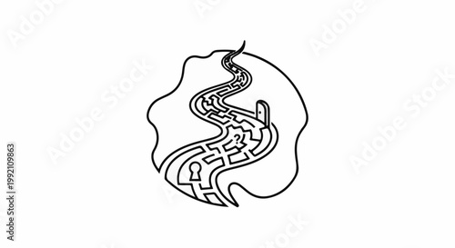 Winding maze path with question mark and door symbol leading to keyhole