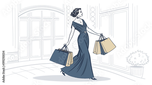Elegant woman in a long dress walking with shopping bags in a luxury shopping mall, fashion illustration