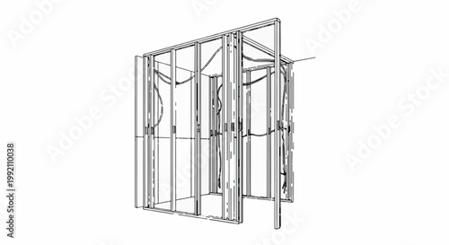 Wireframe drawing of interior wall framing with electrical wiring