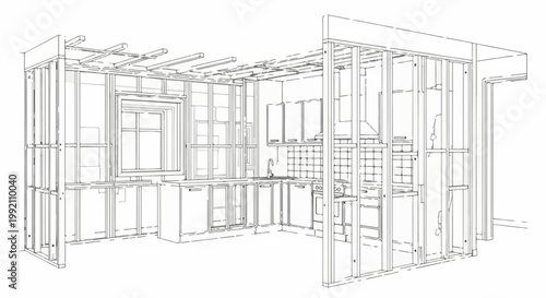 Wireframe sketch of an unfinished kitchen with cabinets, appliances, and framing