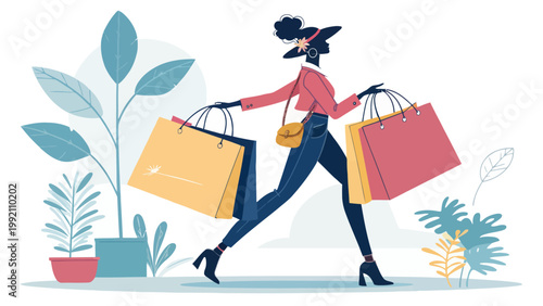 Stylish woman walking with shopping bags, vector illustration of a fashionable shopper carrying multiple bags