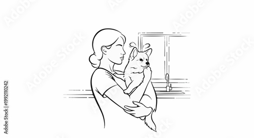 Woman holding a small dog indoors with a sink visible