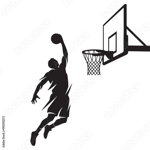 Basketball player silhouette performing a slam dunk into a hoop vector illustration for sports branding