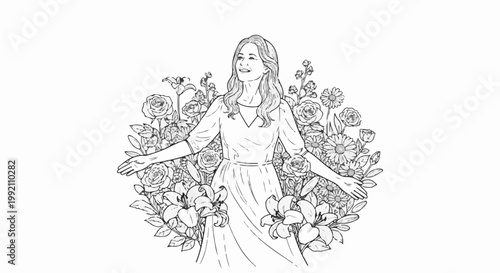 Woman in a flowing dress with arms outstretched amidst a vibrant floral garden
