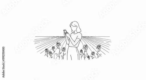 Woman in flower field checks phone, lines extend outwards from her
