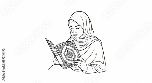 Woman in hijab engrossed in reading an ornate book