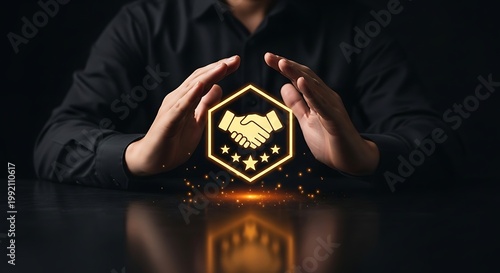 Hands protect glowing handshake and stars emblem representing trust, partnership, and quality assurance in business or services.
