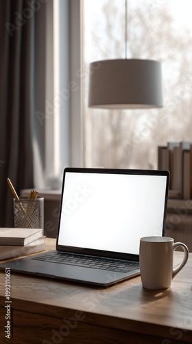 Open laptop on a wooden desk with coffee mug in cozy home office