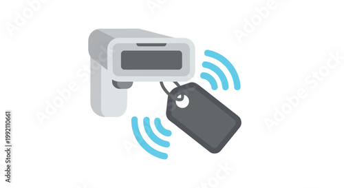 A grey handheld electronic scanner captures data from a black rfid tag using blue wireless signal waves in a clean and professional technological illustration.
