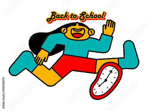 A vibrant, flat-style vector illustration of a happy girl character running energetically with the text 'Back to School' and a melting clock, symbolizing the rush or excitement of a new school season.