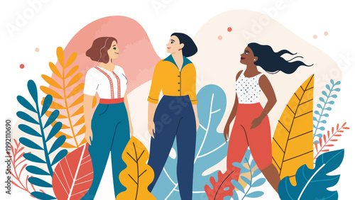 Diverse group of young women standing together, flat vector illustration of female friendship and empowerment